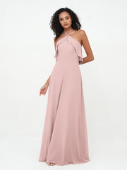 Halter Strap Chiffon Long Bridesmaid Dresses Dusty Rose