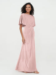 Sheath Velvet Long Dresses with Flutter Sleeves Dusty Rose