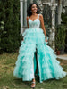 Sweetheart Ruffle Skirt Tiered Tulle Gown With Slit Turquoise