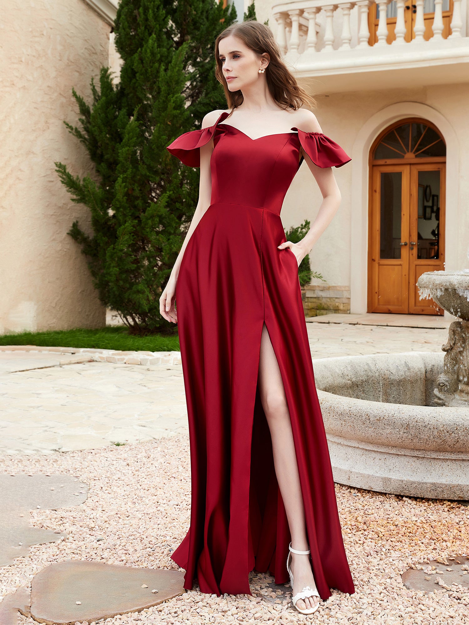 Off the Shoulder Satin Bridesmaid Gown With Pocket Burgundy