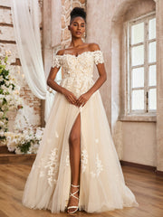 BABARONI Tulle Lace Ivory/Champagne Wedding Dresses A-line Off Shoulder Short Sleeve With Slit Sweep Train, Ivory/Champagne / US0