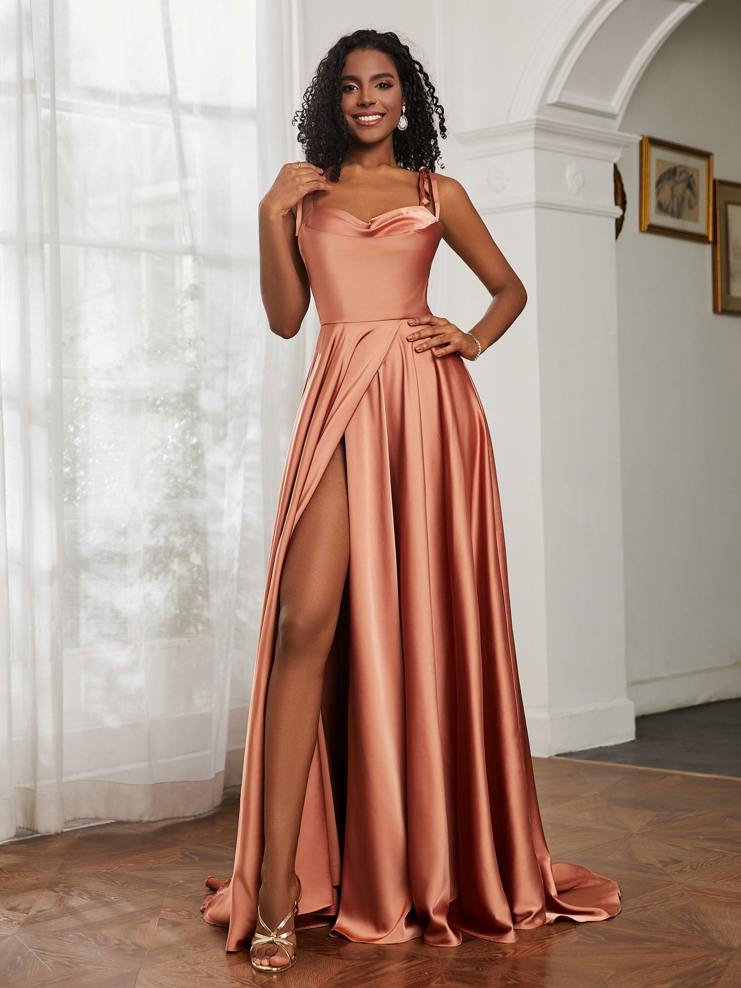 Cowl Neck A-Line Dress With Slit Rust