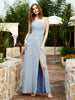Square Neck Lace Bridesmaid Gown with Slit Dusty Blue