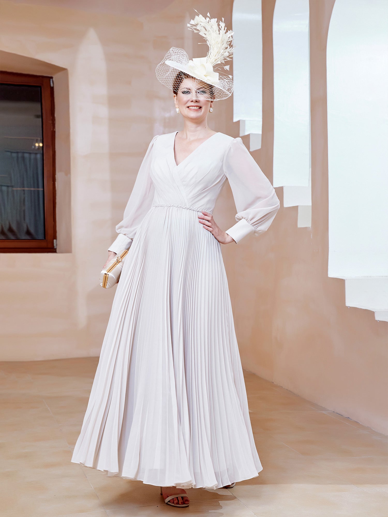 V-neck Long Sleeves Pleated Ruched Dress Ivory