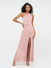 One Shoulder Open Back Velvet Dresses with Slit Dusty Rose