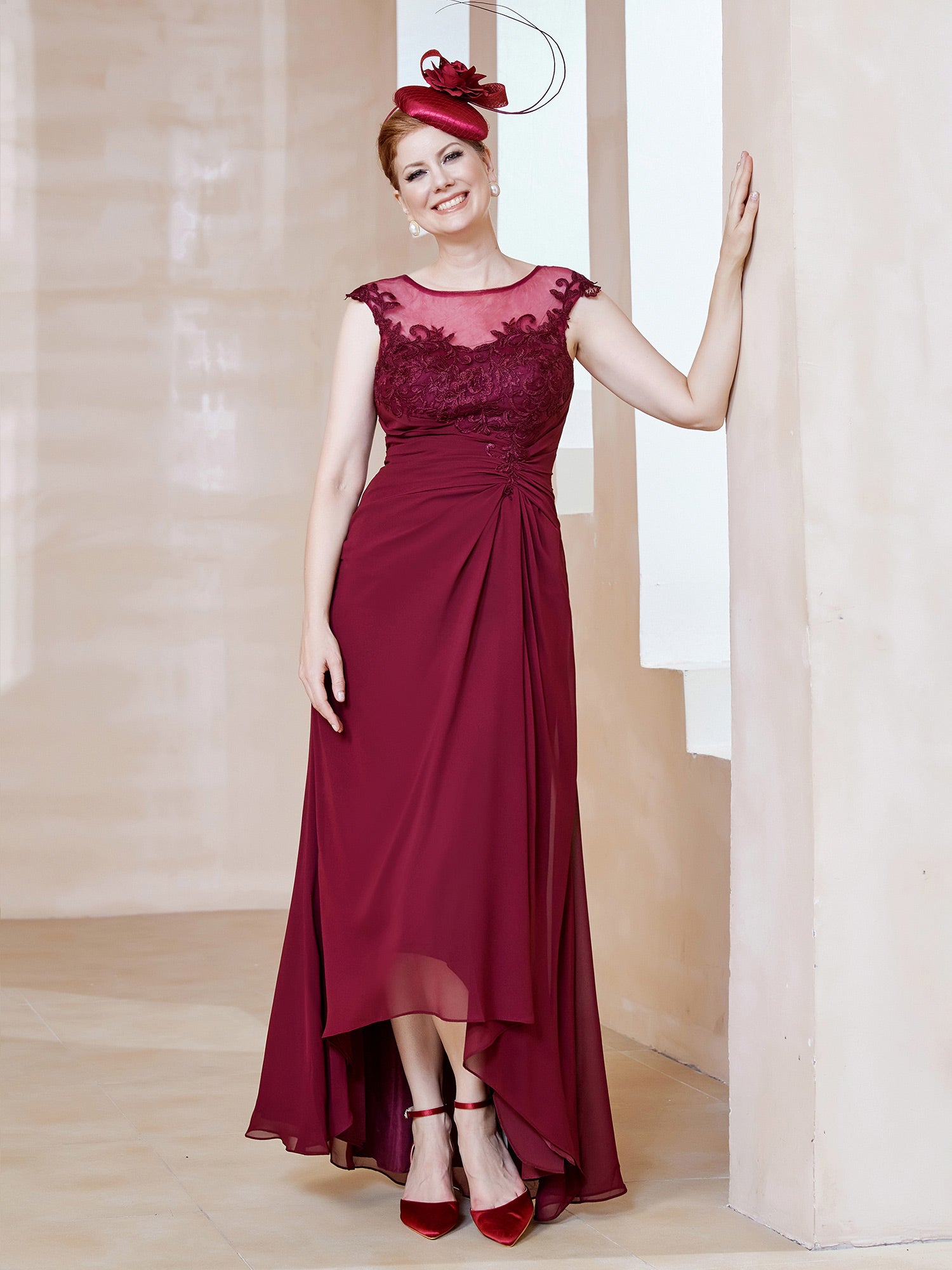 Illusion Lace Neckline Asymmetrical A-Line Dress Burgundy