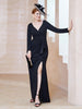 V-neck Pleated Long Dress With Slit Black