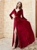 Long Sleeves Plunging V-Neck Velvet Dress With Slit Burgundy