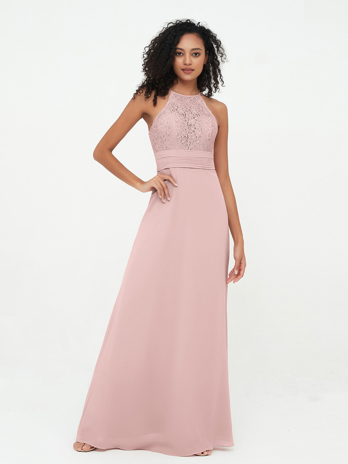 Halter Lace Top and Chiffon Open Back Dresses Dusty Rose