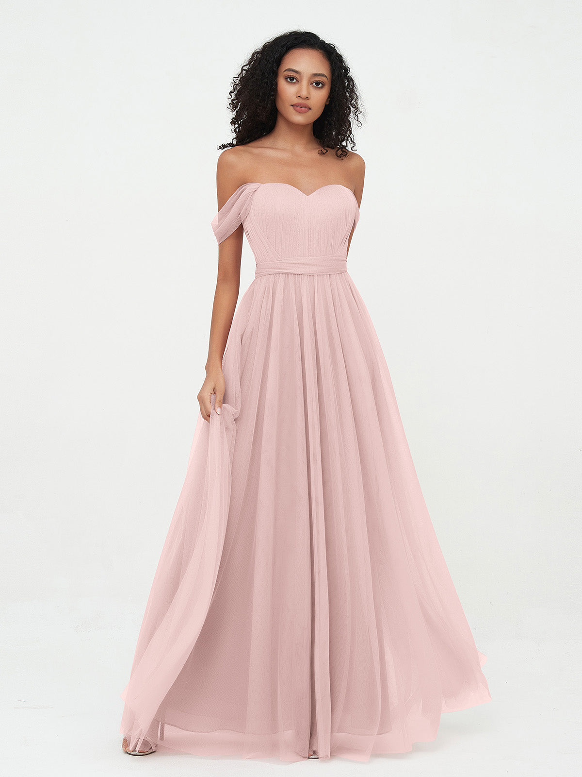 Princess Off Shoulder Tulle Dresses with Sash Bow-Dusty Rose