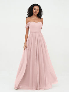 Princess Off Shoulder Tulle Dresses with Sash Bow-Dusty Rose Plus Size