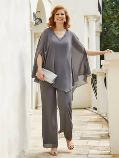 Elegant Chiffon Pant Suit with Beaded Accents Steel Grey