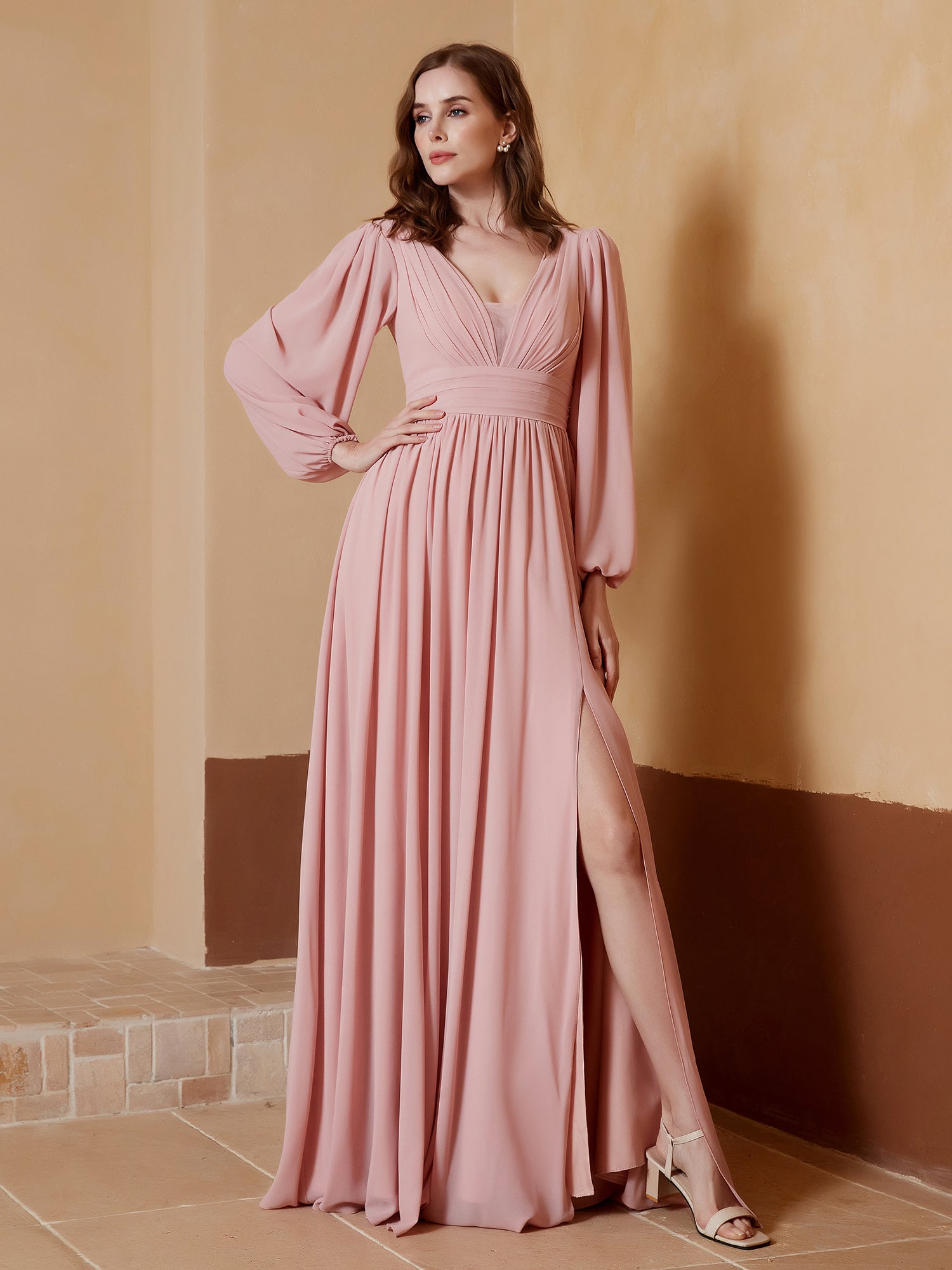 Plunging V-neck Floor-length Dress With Slit Dusty Rose