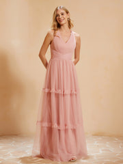 V-neck Pleated Ruffle Floor-length Tulle Dress Dusty Rose