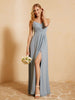 Sweetheart Pleated Long Dress With Slit Dusty Blue