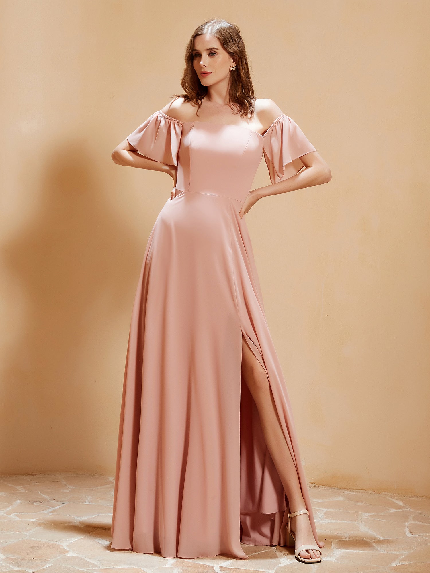 Off The Shoulder Chiffon Dress With Pocket Dusty Rose
