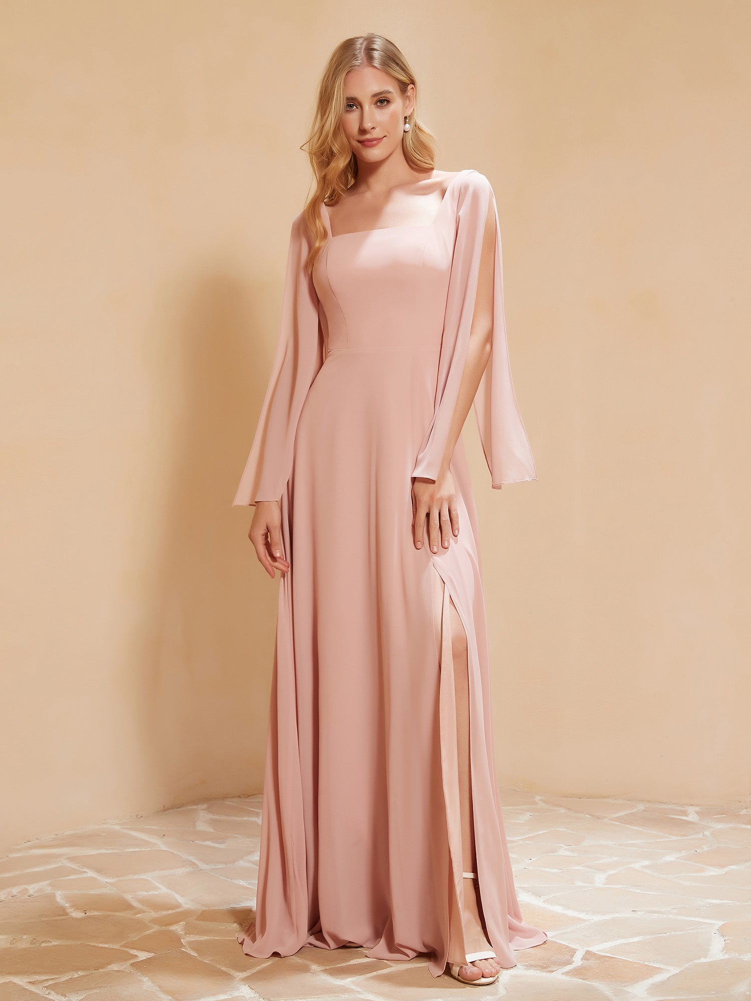 Square Neckline Ruched Chiffon Floor-length Dress Dusty Rose