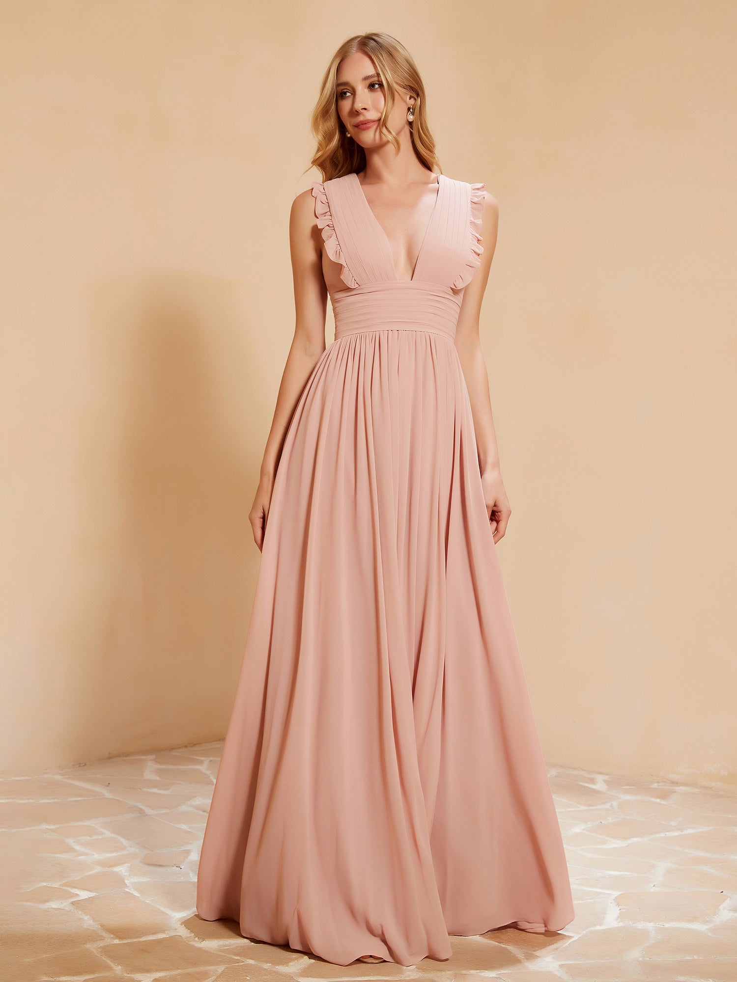 Plunging V-neck Ruffles Pleated Dress With Silt Dusty Rose