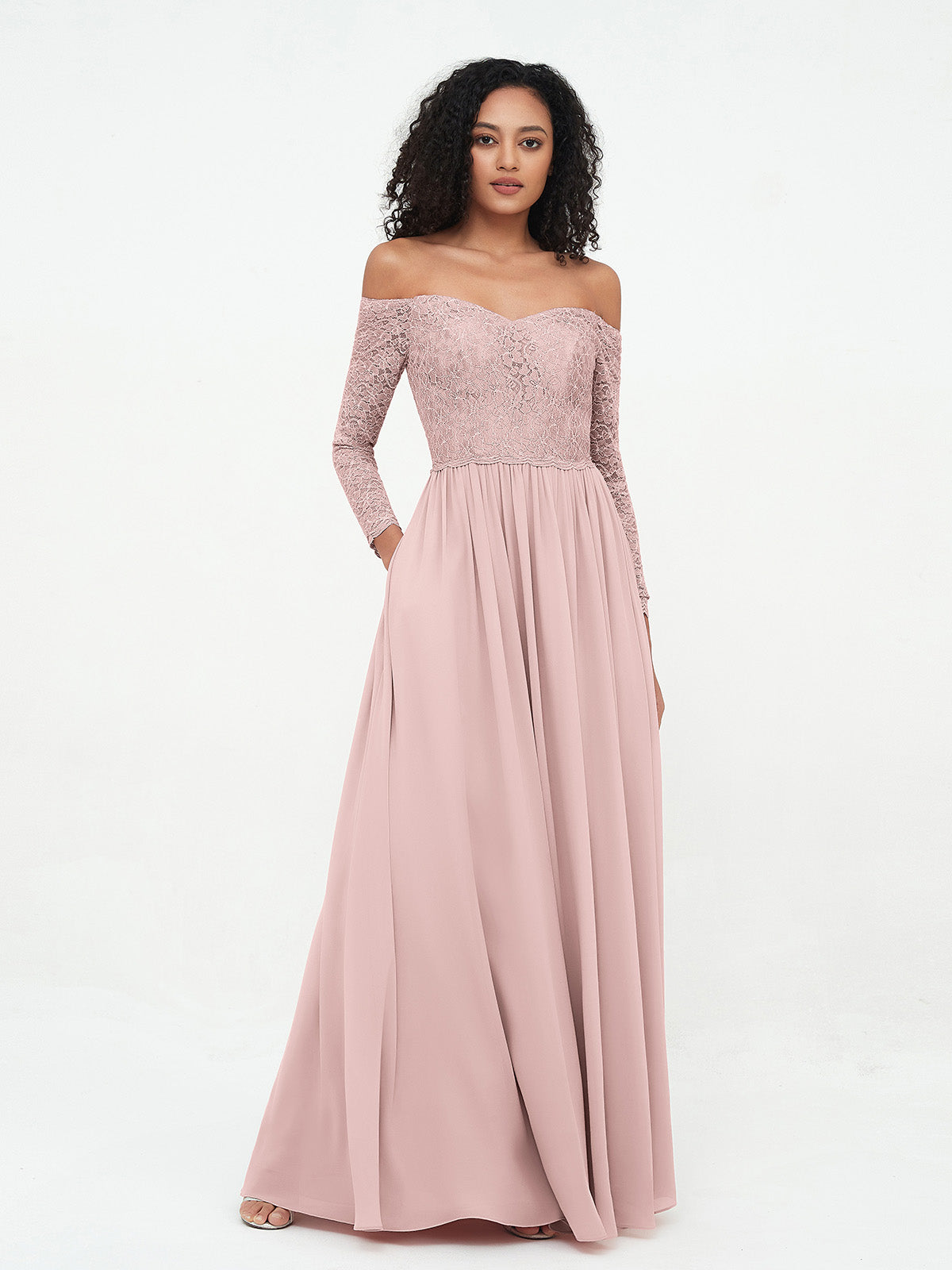 Off Shoulder Lace Top Long Sleeves Dresses-Dusty Rose