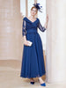 A-line V-neck Appliqued Chiffon Dress Navy Blue Plus Size