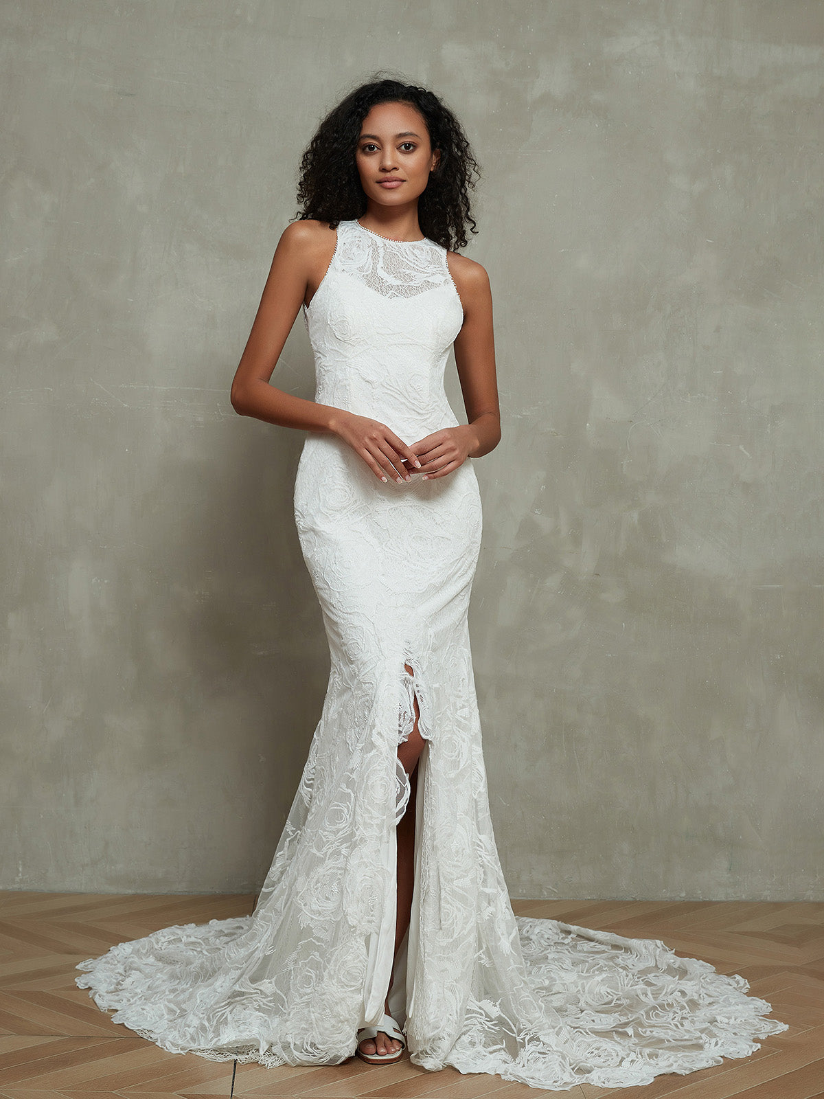 Illusion Neck Mermaid Lace Wedding Dresses with Slit-Ivory