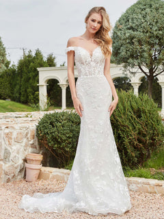 Off-the-shoulder Appliqued Sheath Lace Bridal Gown Champagne