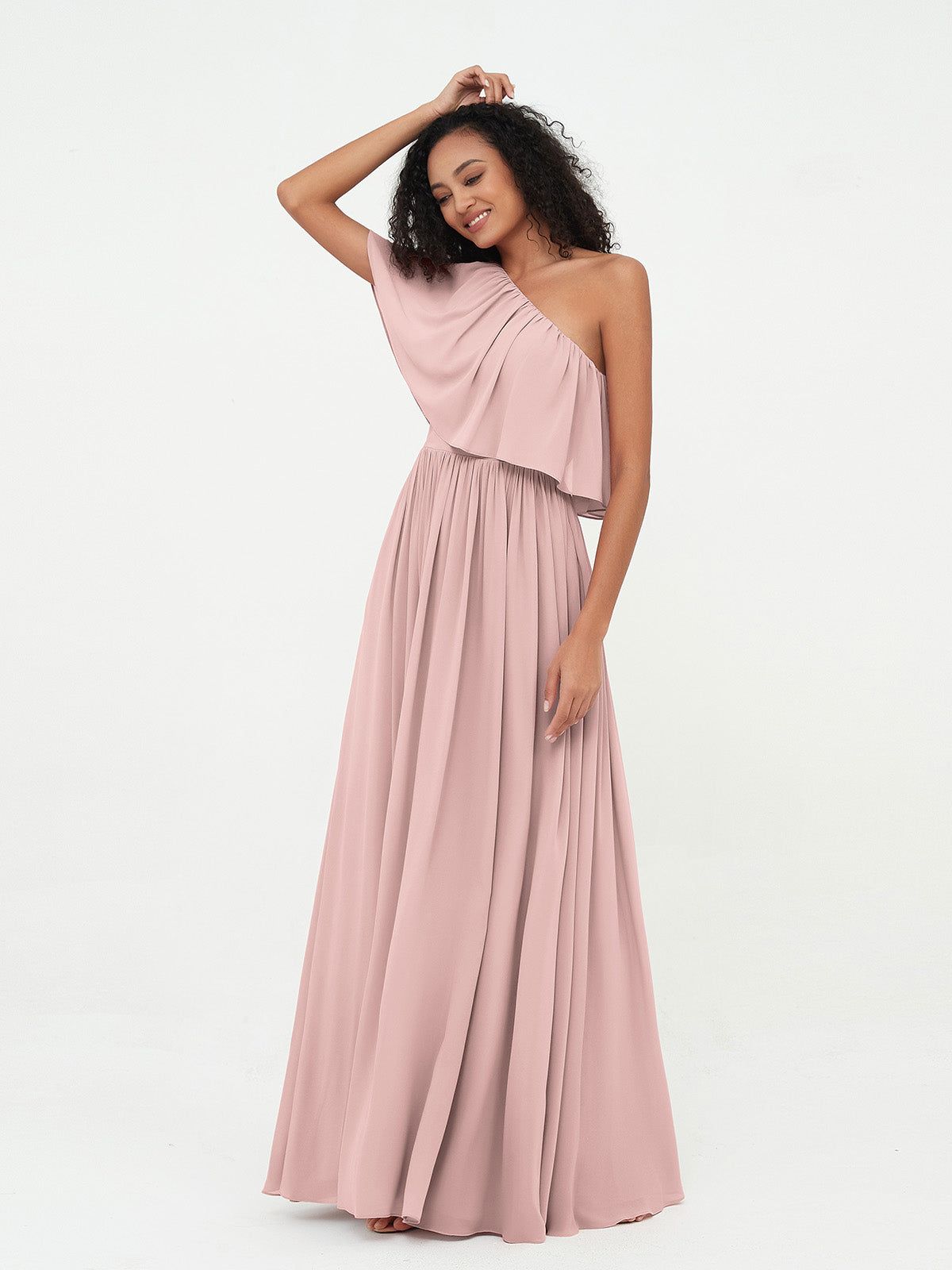 One Shoulder Long Chiffon Dresses with Pockets-Dusty Rose