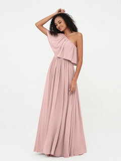 One Shoulder Long Chiffon Dresses with Pockets-Dusty Rose