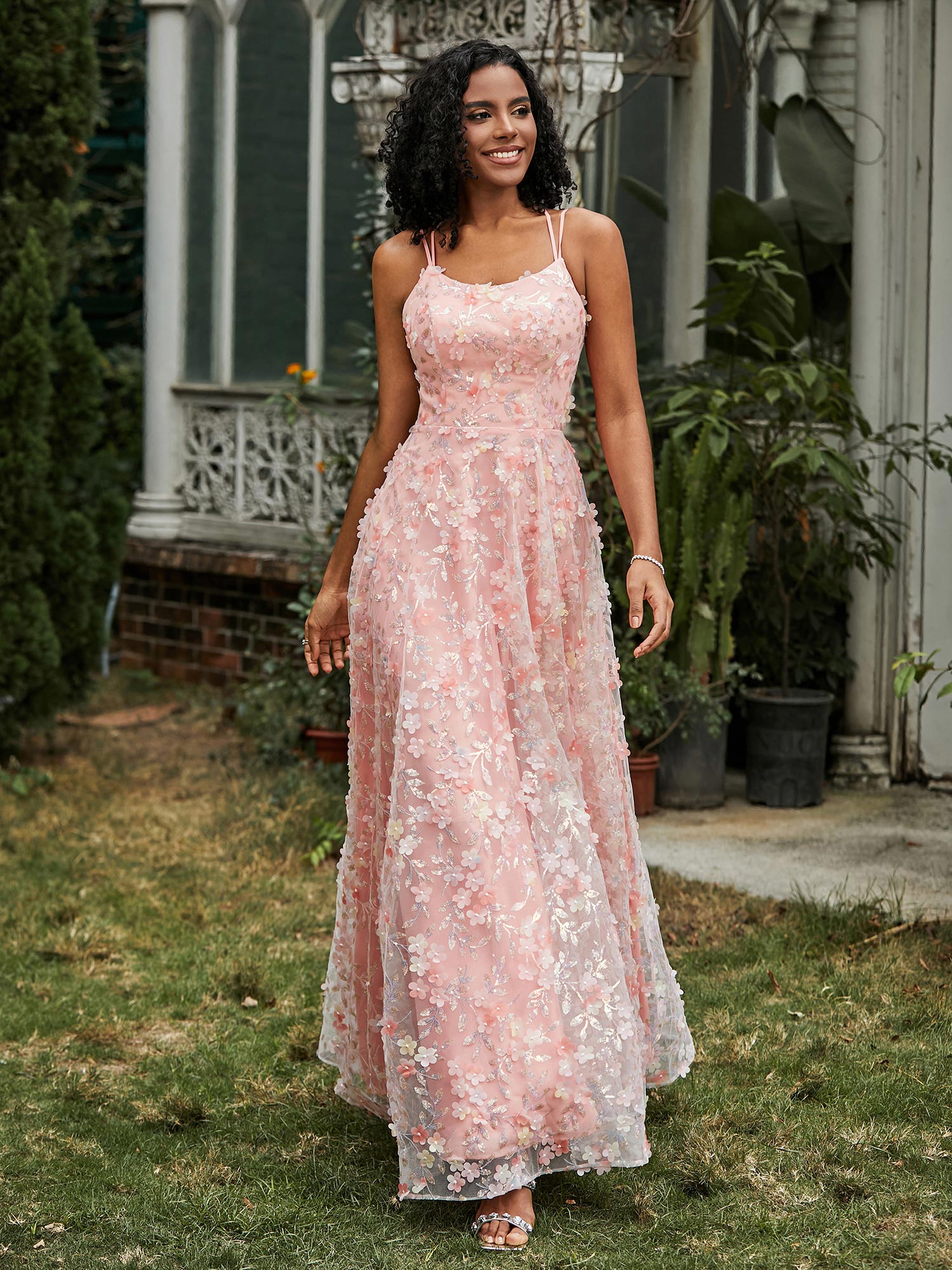 Spaghetti Straps Lace-up Flowers Appliqued Prom Dress Coral