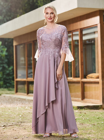 white christmas dresses Long Sleeves Floor Length Chiffon Mother of The Bride Dress, Dark_Navy