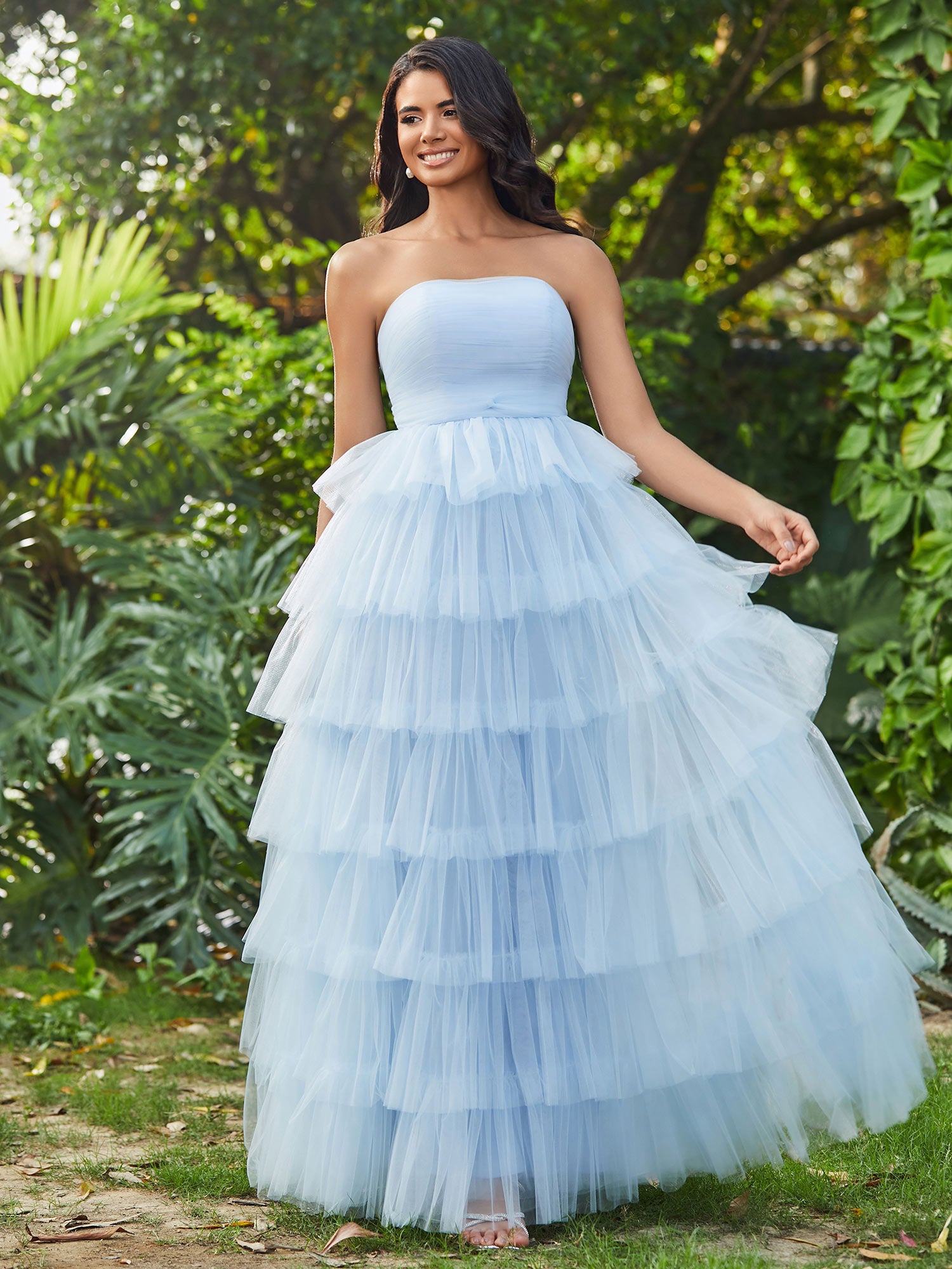 Strapless A-Line Long Tiered Prom Dress Sky Blue