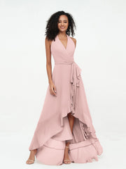 Halter Deep-V Neck Chiffon Asymmetrical Dresses-Dusty Rose