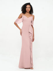 Spaghetti Straps Cloumn Dresses with Slit-Dusty Rose