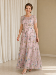 A-line Flower Appliqued Short Sleeve Tulle Illusion Neck Long Dress