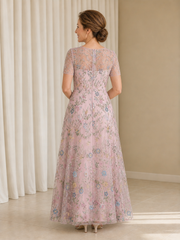 A-line Flower Appliqued Short Sleeve Tulle Illusion Neck Long Dress