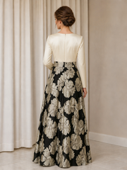 Long Sleeve A‑Line Satin Top Black Gold Floral Jacquard Maxi Dress