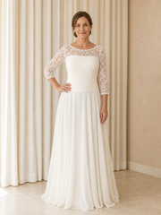 Illusion Neck Pleated Chiffon A-line 3/4 Sleeve Long Dress Ivory