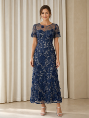 3D Flower Tulle Short Sleeve Illusion A‑Line Tea-length Formal Gown