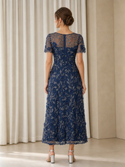 3D Flower Tulle Short Sleeve Illusion A‑Line Tea-length Formal Gown
