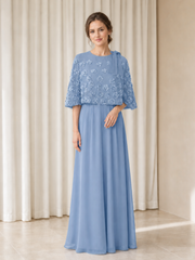 3D Floral Chiffon Cape Overlay Jewel Neck Bow Maxi A-line Dress