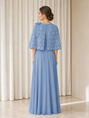 3D Floral Chiffon Cape Overlay Jewel Neck Bow Maxi A-line Dress