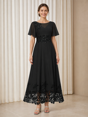 Chiffon Flutter Sleeves Lace Hem Bateau A‑Line Tea-length Formal Dress Black