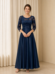 A-line Satin Scoop Neck 3/4 Lace Sleeve Zipper Long Dress Dark Navy
