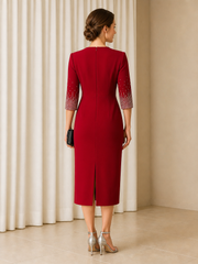Tea-length Half Sleeve Sheath V-neck Stretch Crepe Formal Dress Burgundy