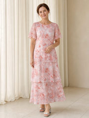Scoop Neck Floral Chiffon Ruffle Tiered Mother Of The Bride Dress