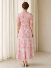 Scoop Neck Floral Chiffon Ruffle Tiered Mother Of The Bride Dress