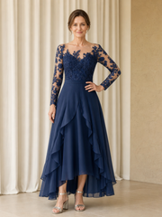 Chiffon Ruffle Asymmetrical Lace Long Sleeve Illusion Neck Dress Dark Navy