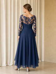 Chiffon Ruffle Asymmetrical Lace Long Sleeve Illusion Neck Dress Dark Navy