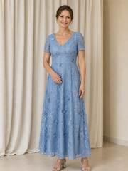 3D Floral Lace V‑Neck Short Sleeve A‑Line Tea-length Dress