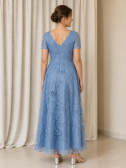3D Floral Lace V‑Neck Short Sleeve A‑Line Tea-length Dress